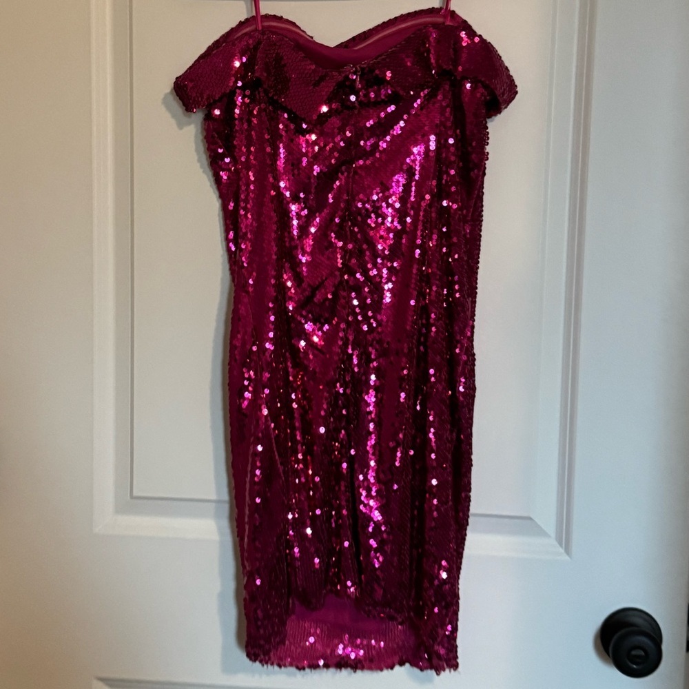 Strapless Fuchsia Pink Sequin Strapless Dress - Picture 3 of 9